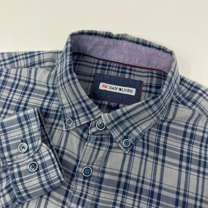 32 Bar Blues Men's Large Plaid Button Down Shirt Blue Gray Long Sleeve Cotton